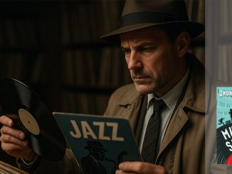 Der Vernyl-Detektiv. Foto: KI-generiert nach einem Prompt von Ulla Blohberger, Collage: Ulla Blohberger