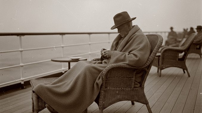 Ein alter Mann an Deck eines Ozeandampfers. Ki-generiert