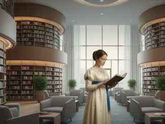 Emma in einer modernen Bibliothek. Beitragsbild: Ki-generiert