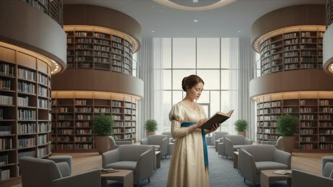 Emma in einer modernen Bibliothek. Beitragsbild: Ki-generiert