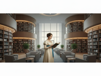 Jane Austen besucht eine Bibliothek. Bild: Firefly/gemini (KI)